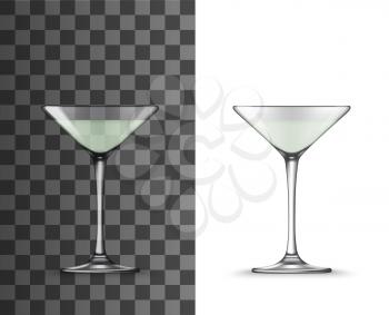 Cocktail glass 3d vector mockups of martini alcohol drink. Realistic templates of clear glassware or tableware with triangular bowls and tall stems, bar or restaurant drinkware design