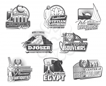 Egypt travel vector icons with ancient Egyptian pharaoh pyramids, temples and Gods, map, heraldic eagle and scarabs, Cairo mosque, Nile river and Amun. Museum of Egyptology, tourist tour symbols
