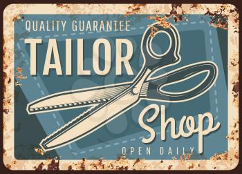 Tailor shop rusty metal plate with scissors and sewing stitch on vector vintage rust background. Fashion designer studio, atelier, dressmaker workshop or store tin sign, ferruginous ad retro poster