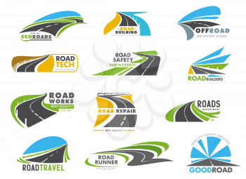 Highway road, driveway and speedway icons set. Road construction, repair works and ravel, freeway safety department and logistics service emblems. Winding roadway, motorway roadside vector
