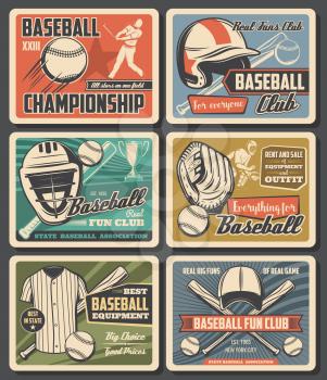 Baseball sport fun clubs and equipment, rent, sale. Vector flying ball and player, sporting items and sportsman uniform. vintage style championship tournament cards, player with bat and glove