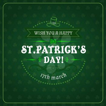 Vector Patricks Day lettering on green shamrock leaves, leprechauns hat and three-leaf clovers, frame and fest invitation. Wish you happy Patricks day greetings on Irish holiday celebrated on 17 March