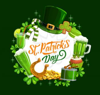 Patricks day banner with holiday symbols. Vector leprechaun hat and scarf, gingerbread cookies and mug of beer. Music drum and horseshoe, gold treasures, cocktails and cakes with shamrock leaves