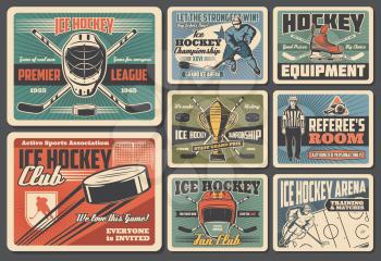 Ice hockey sport equipment, player and referee retro cards. Vector goalkeeper player, helmet, crossed sticks and puck, golden trophy cup and arena. Championship tournament, winter sport, hockey items