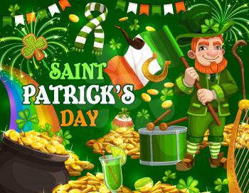 Patricks day, Irish holiday party. Vector leprechaun with Ireland flag and rainbow in cauldron with gold money, Patricks day fireworks, shamrock clover and green beer, scarf and cupcake