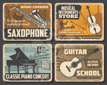 Saxophone and guitar, classic piano and violin musical instruments, retro vector. Music notes silhouette, tickets on concert. Music school courses and musical instruments store
