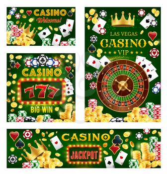 Casino, gambling and poker games. Vector fortune wheel, lucky sevens combination, royal crown, gamble dices and chips. Blackjack playing cards, golden coins and stakes, game of chance