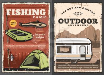 Fishing camp and outdoor camping in pickup, retro vector poster. Fishery sport, inflatable boat with paddles, travel tent, van, fish and fishing equipment. Vehicle in desert mountains, cactuses, trees