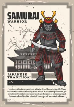 Pagoda temple, samurai warrior. Vector pagoda sacred building, Japan traditional temple. Ancient soldier with sword and horned helmet, sakura blossoms and tower. Japan traditions