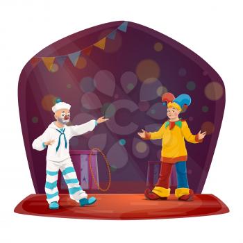 Clown characters, big top circus. Funny carnival jokers with jester and sailor costumes, hats, makeups and fake nose performing comedy show on stage with flags, sparkles and pedestals