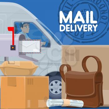 Mail delivery, parcels and postman in car. Vector post office, delivering service, courier driving vehicle. Packed boxes and postal worker bag, newspaper and parcels, postage logistic and stamp sign