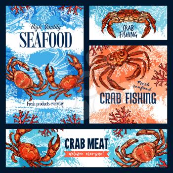 Seafood, crab fishing and meat of crustacean animal. Vector sketch posters of underwater crab with claws, sea bottom with corals and seaweeds