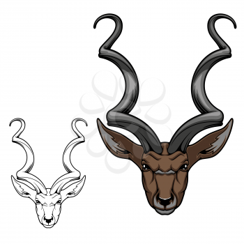 Greater kudu antelope head isolated icon of African gazelle animal with twisted horns, long ears and brown coat fur. Savannah mammal symbol of African safari and hunting sport club design