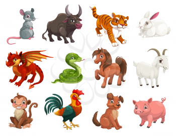 Chinese Lunar New Year animals, zodiac horoscope cartoon vector characters. Cute rat or mouse, dragon and pig, dog, tiger, rooster or chicken, horse, snake, monkey, ox, rabbit, goat or sheep signs