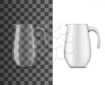 Glass pitcher or jug for cold drinks realistic 3d vector design. Water, milk or juice beverages empty jar containers with handles on white and transparent background. Kitchen utensils and glassware