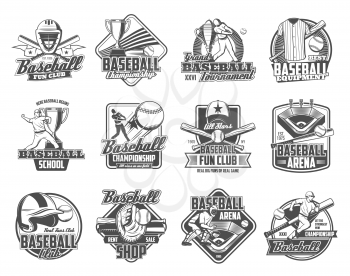 Baseball sport ball, bat and trophy cup vector badges. Player on sporting arena with glove or mitt, team uniform jersey, cap and play field, catcher helmet, mask and leg pad monochrome icons design