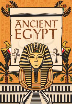 Ancient Egypt travel landmark with pharaoh mummy mask and Tutankhamun tomb vector design. Papyrus scroll with Ankh symbols, scarab amulets, hieroglyphs, heraldic Egyptian eagles and palm trees