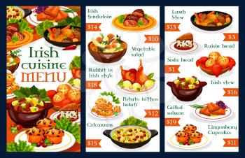 Irish restaurant menu template. Vector dishes of vegetable meat stews, potato pancakes, grilled salmon fish and cabbage salad, soda bread, beef, rabbit and lamb, lingonberry cupcakes and colcannon