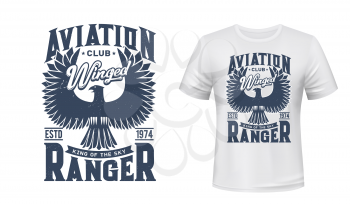 Eagle bird vector mockup of aviation club t-shirt print design. Black eagle, hawk or falcon with raised wings, custom apparel print of aircraft, flying or aero club with heraldic animal and letterings