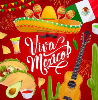Cinco de Mayo sombrero and maracas, Mexico holiday fiesta vector design. Mexican hat, chili peppers, flag and cactuses, mariachi guitar and mustache, tacos, margarita and nachos, bunting, fireworks