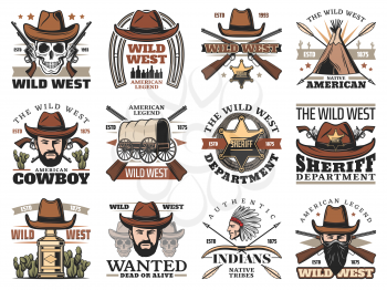 Wild West cowboy skull and sheriff with hat and gun vector icons. Western bandits, ranger stars and indian chief, native american arrows and bow, horseshoe, covered wagon, teepee and tequila