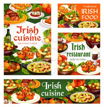 Irish cuisine meat, vegetable and fish meal with desserts, vector food. Beef, lamb and rabbit stews, potato pancakes, cabbage salad and grilled salmon, soda bread, lingonberry cupcakes and colcannon