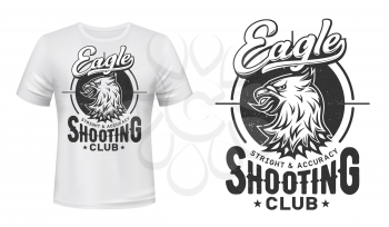 Bald eagle print vector mockup of t-shirt for shooting sport and shooter club design. Heraldic bird head of sea eagle, falcon or hawk with gun, rifle or shotgun target and grunge letterings