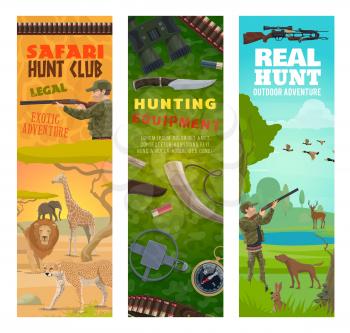 Hunting sport banners with vector hunters, animals, hunt equipment and ammunition. Hunter with gun and rifle, ducks and deer, african safari lion, elephant and jaguar, dog, compass and binoculars