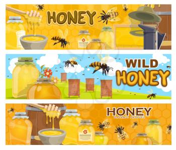 Honey, bees and apiary beehives, beekeeping farm. Vector honeycombs, bee insects and flowers, hives, beekeeper hat and smoker, jars, barrels and bowls of honey with dippers, apiculture design