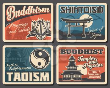 Japanese Buddhism, Shintoism and Taoism religion vector vintage posters. Japanese Buddhist religious travel and pilgrim tours to worship shrines, Shinto temples and Tao pagodas