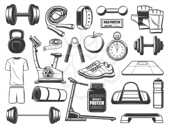 Fitness and gym equipment, sport items vector icons. Dumbbells, barbell and bottle, weight scales, training sneakers and apple, jump rope, stopwatch and kettlebell, tape measure, bike