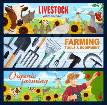 Farm animal, farmer, farming tool and equipment, vector banners of agriculture design. Farm field and vegetable garden, cow, pitchfork, shovel and spade, harvest basket, goose, windmill and gardener