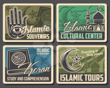 Mosques, muslim Quran, moon and stars vector islam religion posters. Koran holy book, hamsa hand and crescent, dome and minaret mosque tower posters. Arabian culture and religion