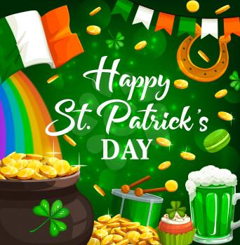 St Patricks Day holiday. Vector Irish flag, leprechaun pot of gold, shamrock clover leaves, green ale beer, lucky horseshoe and treasure rainbow, spring festival drum and bunting garland