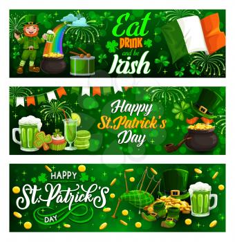 Eat, drink and be Irish, celebration Patricks day. Vector greetings and Irish holiday green symbols. Leprechaun on rainbow smoking pipe and drink beer, shamrock clover, golden coins and bagpipe