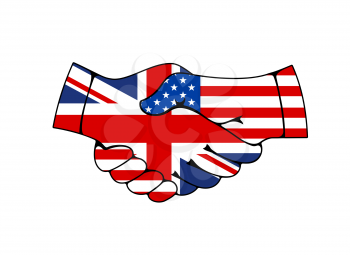 USA and Great Britain flags hand shake, vector icon. US and UK agreement and friendship, American and British international treaty on economics, politics and international partnership handshake sign