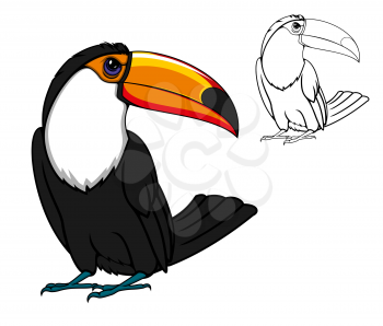 Cartoon toucan bird and outline vector silhouette. Exotic tropical bird mascot for sport club, for kids and zoo
