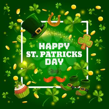 Leprechaun green hat of Patricks Day, gold, shoes and shamrock vector. Lucky horseshoe and clover leaves, orange mustaches, bow tie and golden coins, cupcake and sparkle, Irish holiday greeting