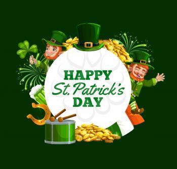 Patricks Day green shamrock, Leprechauns and gold frame. Irish holiday vector design. Flag of Ireland, lucky horseshoe and clover leaves, beer, golden coins and hat of Irish elf, drum, fireworks