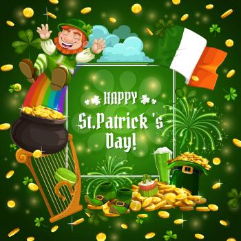 Patricks Day leprechaun with pot of gold on rainbow, vector greeting card. Green leaves of shamrock clover, golden coins and horseshoe, Ireland flag, green hat and shoes, beer, cake and harp