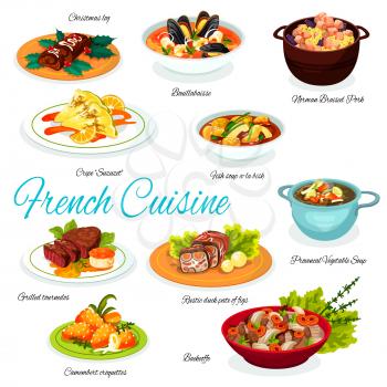 French beef, ham and vegetable stews, duck pate with figs, seafood, fish and veggies soups, cheese croquettes and pancake suzette, grilled steak and normandy pork vector. Restaurant menu
