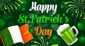 Green fireworks bursts and blurred splashes, Patricks day holiday symbols. Vector national flag of Ireland, foamy mug of green beer refreshing alcoholic drink. Irish spring feast celebration