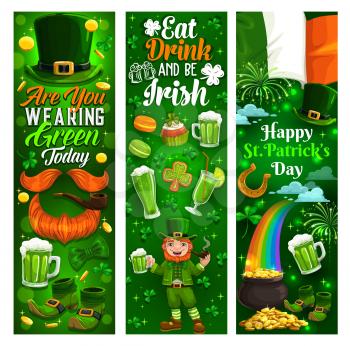 Happy Patricks day, holiday party celebration banners. Vector St Patrick day Ireland flags, shamrock clover leaf and leprechaun with green bear pint, rainbow in gold coins cauldron