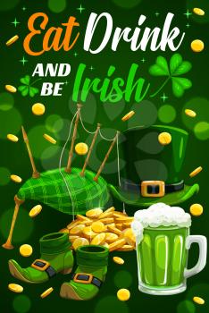 Irish Patricks day holiday attributes. Vector bagpipes musical instrument, leprechauns green hat and shoes, pile of gold, mug of beer. Ireland drink, shamrock or clover leaves, golden coins