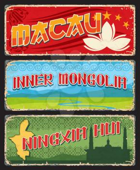 Macau, Inner Mongolia and Ningxia Hui chinese province plates and vector travel stickers. China cities tin signs or luggage tags with province taglines, travel and tourism sightseeing landmarks