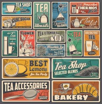 Tea cup, teapot and leaf retro banners with vector black, green, herbal and flower hot beverages. Cups, mugs, tea bags and pyramids, teapots, kettles and infusers, lemon, sugar and croissant, tea shop