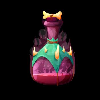 Death elixir potion bottle. Witch or sorcerer spell glass jar, fantasy poison or fairytale harmful liquid in spooky vial with bone, teeth and skin decoration, RPG game UI interface cartoon vector icon