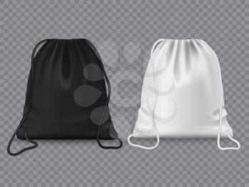 Drawstring bags, sport or school clothes and shoes backpack, vector mockup. Realistic black and white drawstring bag or pouch pack with ropes, knapsack with cords for gym or casual travel