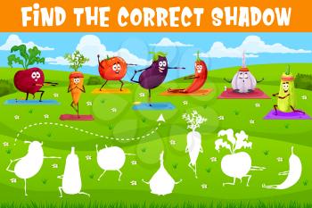 Find correct shadow of cartoon vegetables characters on yoga fitness, vector game worksheet. Match correct silhouette of carrot, tomato and pepper on yoga mat and garlic in meditation on field