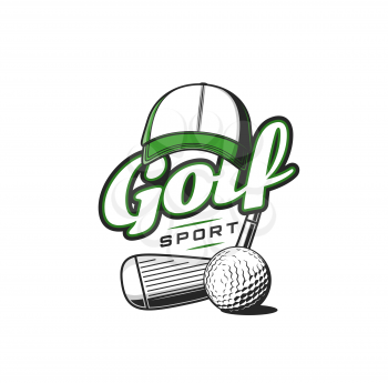 Golf sport icon with cap and iron club. Golf club, sport league tournament or championship vector retro emblem, label or icon with typography, golf player cap, ball and club